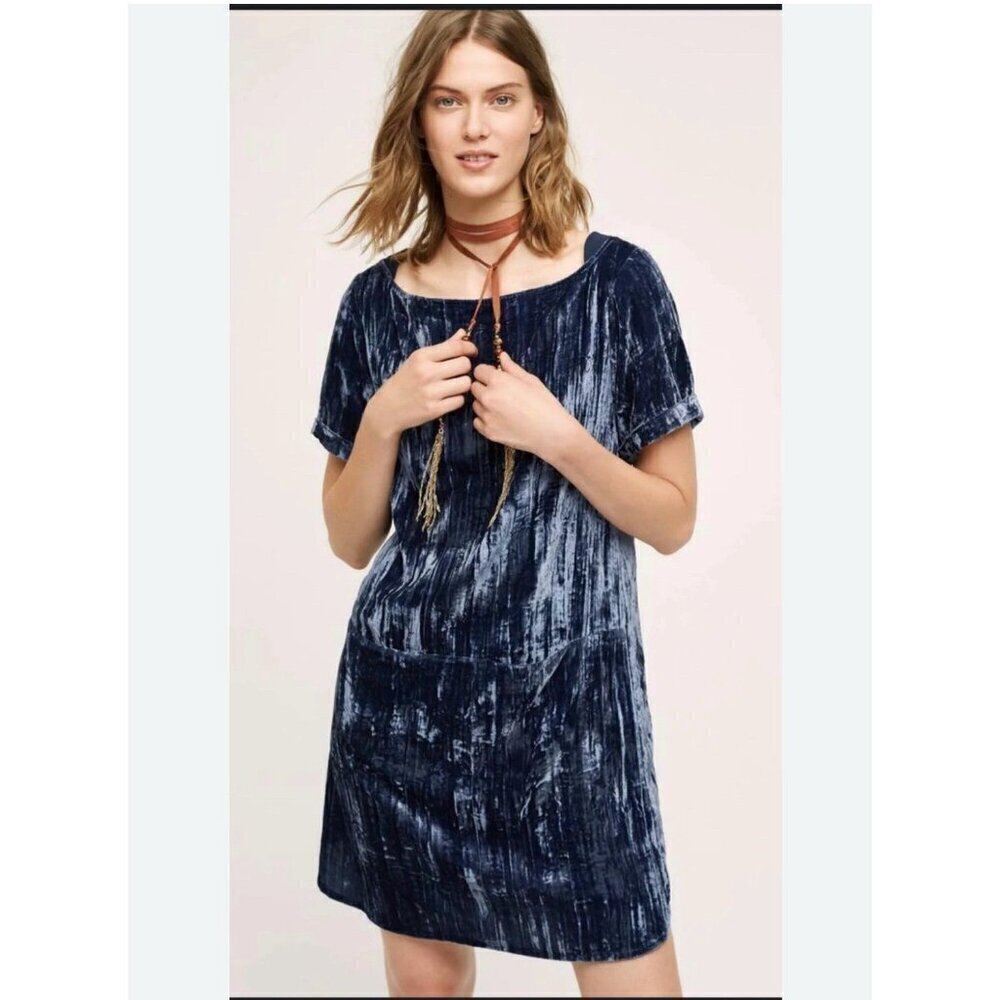 Anthropologie Crinkled Velvet Dress by Floreat Medium Blue Shift boho